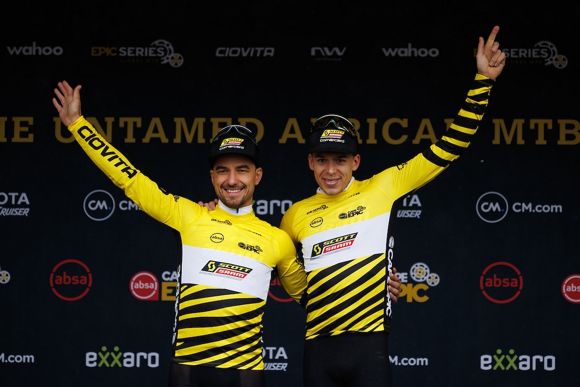 Nino Schurter and Andri Frischknecht regain the Yellow Jersey during stage 6 of the 2023 Absa Cape Epic Mountain Bike stage race from Lourensford Wine Estate to Lourensford Wine Estate, Somerset West, South Africa on the 24th March 2023. Photo by Nic