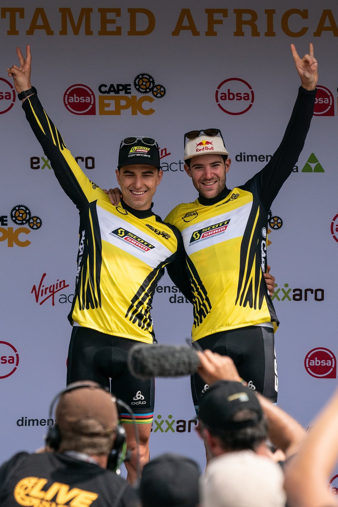 Nino SCHURTER (SUI) and Lars FORSTER (SUI) of team Scott-SRAM MTB-Racing during stage 5 of the 2019 Absa Cape Epic Mountain Bike stage race held from Oak Valley Estate in Elgin to the University of Stellenbosch Sports Fields in Stellenbosch, South Af