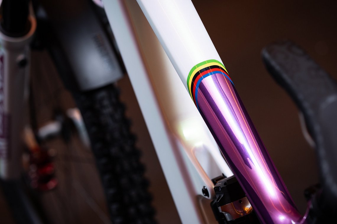 Das Bike ist anlässlich ihrer bereits errungenen WM-Titel an mehreren Stellen mit Regenbogen-Streifen verziert.
