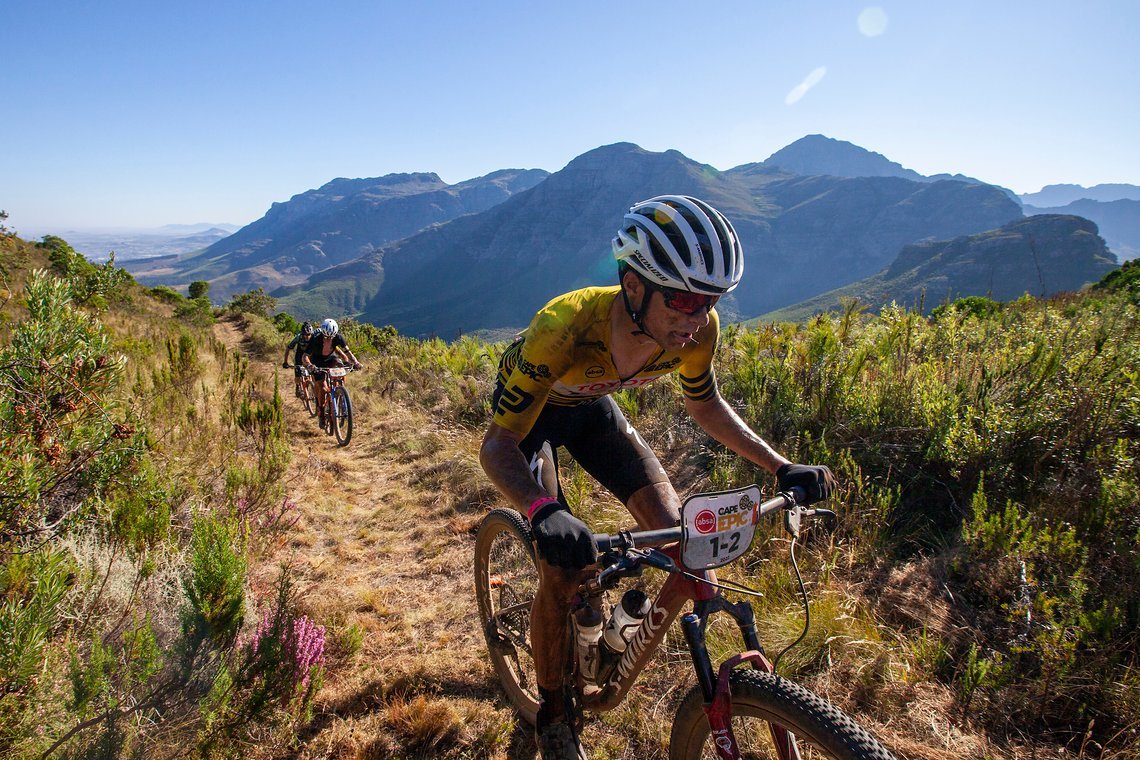 Christopher Blevins during stage 1 of the 2022 Absa Cape Epic Mountain Bike stage race from Lourensford Wine
Estate to Lourensford Wine Estate, South Africa on the 21st March 2022. Photo Sam Clark/Cape Epic