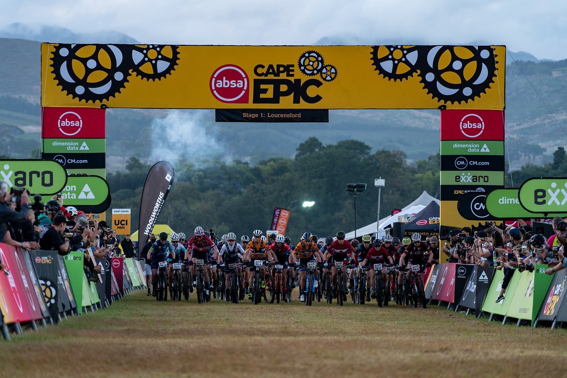The start of the ladies race during stage 1 of the 2022 Absa Cape Epic Mountain Bike stage race from Lourensford Wine Estate to Lourensford Wine Estate, South Africa on the 21st March 2022.