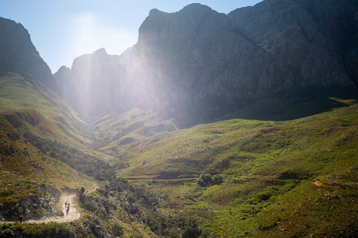 Riders during stage 1 of the 2022 Absa Cape Epic Mountain Bike stage race from Lourensford Wine Estate to Lourensford Wine Estate, South Africa on the 21st March 2022. Photo by Gary Perkin