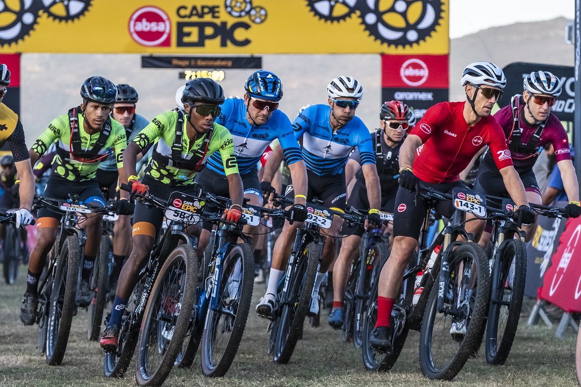 Varoius jersey categories head off during Stage 1 of the 2024 Absa Cape Epic Mountain Bike stage race from Saronsberg Wine Estate to Saronsberg Wine Estate, Tulbagh, South Africa on the 18th March 2024. Photo by Dominic Barnardt / Cape Epic
PLEASE EN