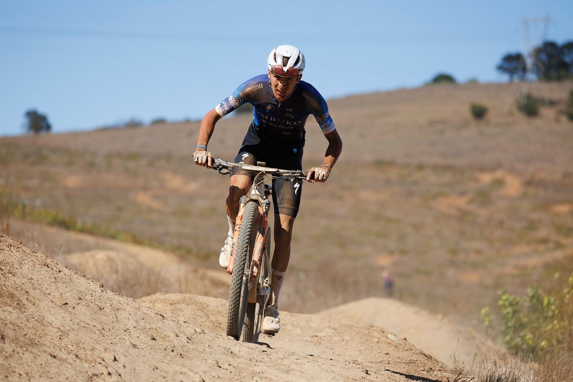 during Stage 1 of the 2025 Absa Cape Epic Mountain Bike stage race held at Meerendal Wine Estate, Cape Town, South Africa on the 17th March 2025. Photo by Nick Muzik/Cape Epic
PLEASE ENSURE THE APPROPRIATE CREDIT IS GIVEN TO THE PHOTOGRAPHER AND ABSA