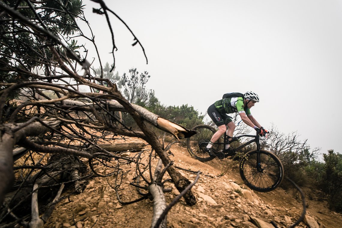 Rider going down plum pudding during the Prologue of the 2019 Absa Cape Epic Mountain Bike stage race held at the University of Cape Town in Cape Town, South Africa on the 17th March 2019.

Photo by Justin Coomber/Cape Epic

PLEASE ENSURE THE APP