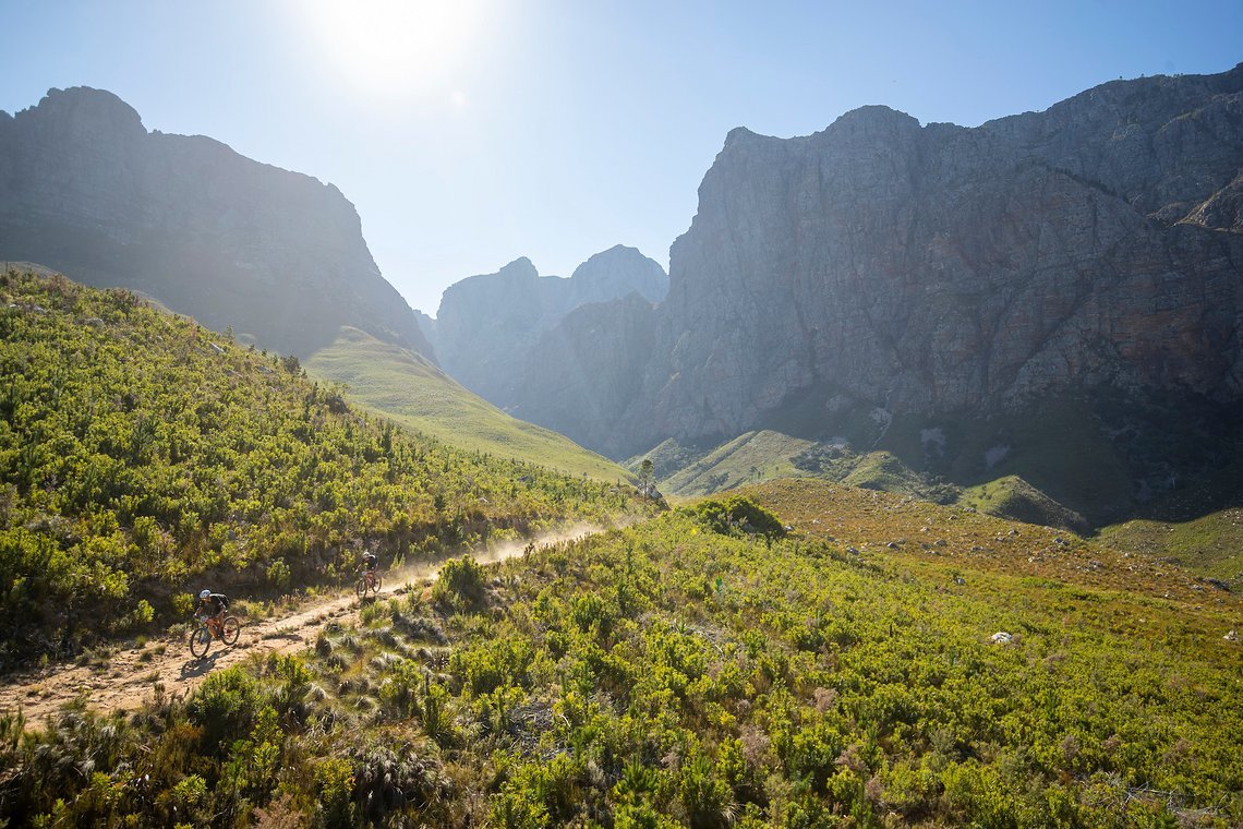 Maxime Marotte and Keegan Swenson of Santa Cruz during stage 1 of the 2022 Absa Cape Epic Mountain Bike stage race from Lourensford Wine Estate to Lourensford Wine Estate, South Africa on the 21st March 2022. Photo by Gary Perkin