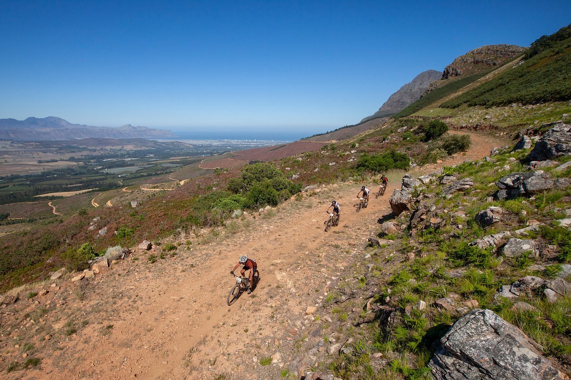 Riders during stage 1 of the 2022 Absa Cape Epic Mountain Bike stage race from Lourensford Wine
Estate to Lourensford Wine Estate, South Africa on the 21st March 2022. Photo Sam Clark/Cape Epic