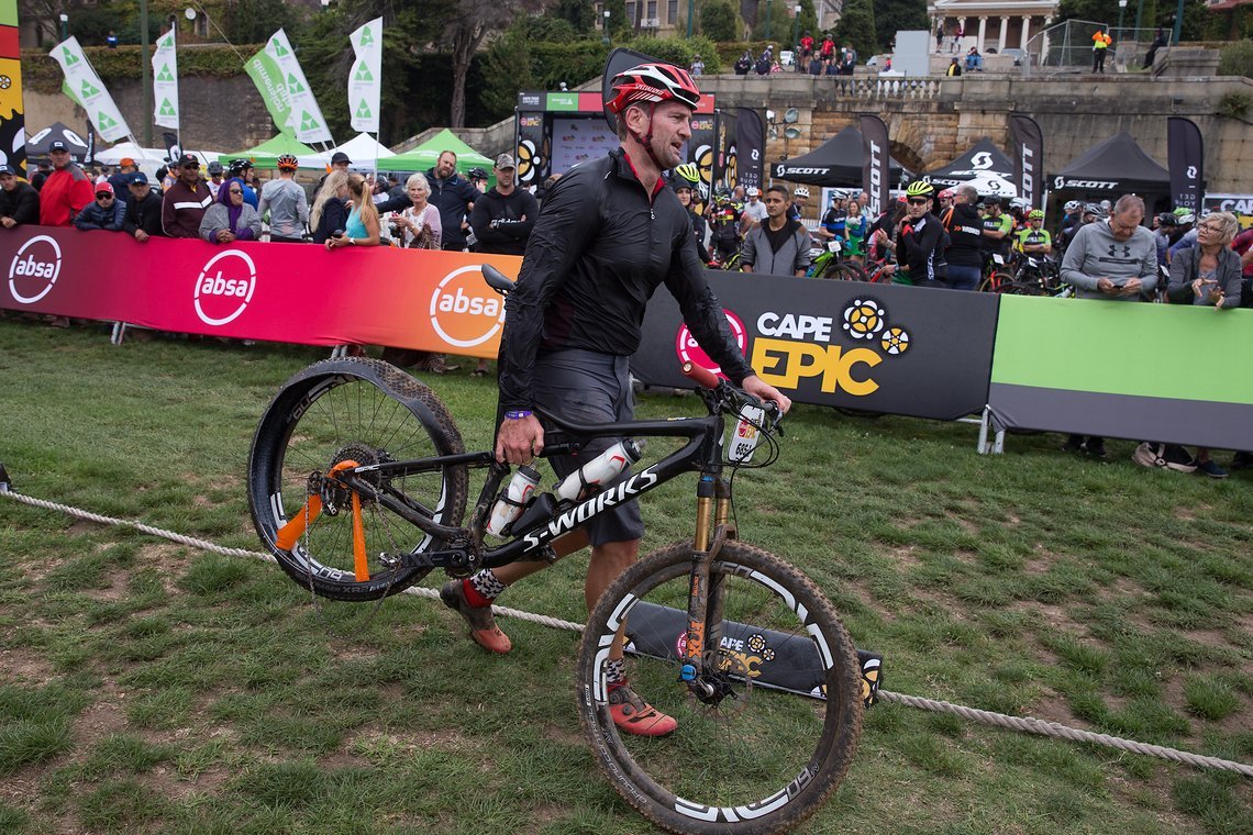 David Van De Vyver finishes with a puncture during the Prologue of the 2019 Absa Cape Epic Mountain Bike stage race held at the University of Cape Town in Cape Town, South Africa on the 17th March 2019.

Photo by Dwayne Senior/Cape Epic

PLEASE E