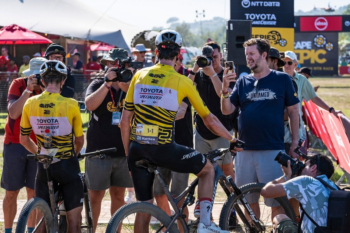 Matt Beers and Howard Grotts with some media attention after winning Stage 5 and retaining the yellow jersey at the 2024 Absa Cape Epic Mountain Bike stage race from CPUT, Wellington to CPUT, Wellington, South Africa on 22 March 2024. Photo by Dom Ba