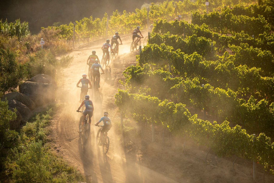 Riders during stage 1 of the 2022 Absa Cape Epic Mountain Bike stage race from Lourensford Wine Estate to Lourensford Wine Estate, South Africa on the 21st March 2022. Photo by Gary Perkin