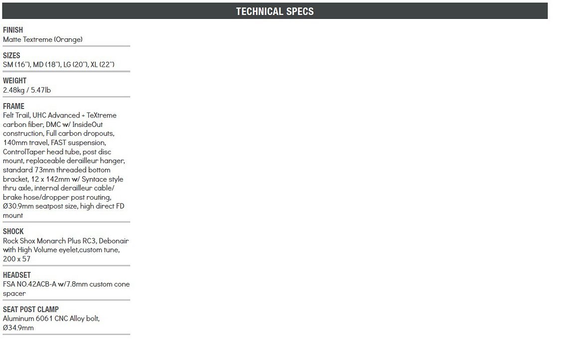 Felt Decree 1 Frameset Specs