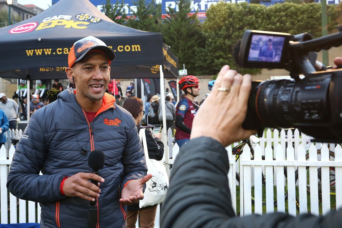 Commentator Owen Honey during the Prologue of the 2019 Absa Cape Epic Mountain Bike stage race held at the University of Cape Town in Cape Town, South Africa on the 17th March 2019.

Photo by Shaun Roy/Cape Epic

PLEASE ENSURE THE APPROPRIATE CRE