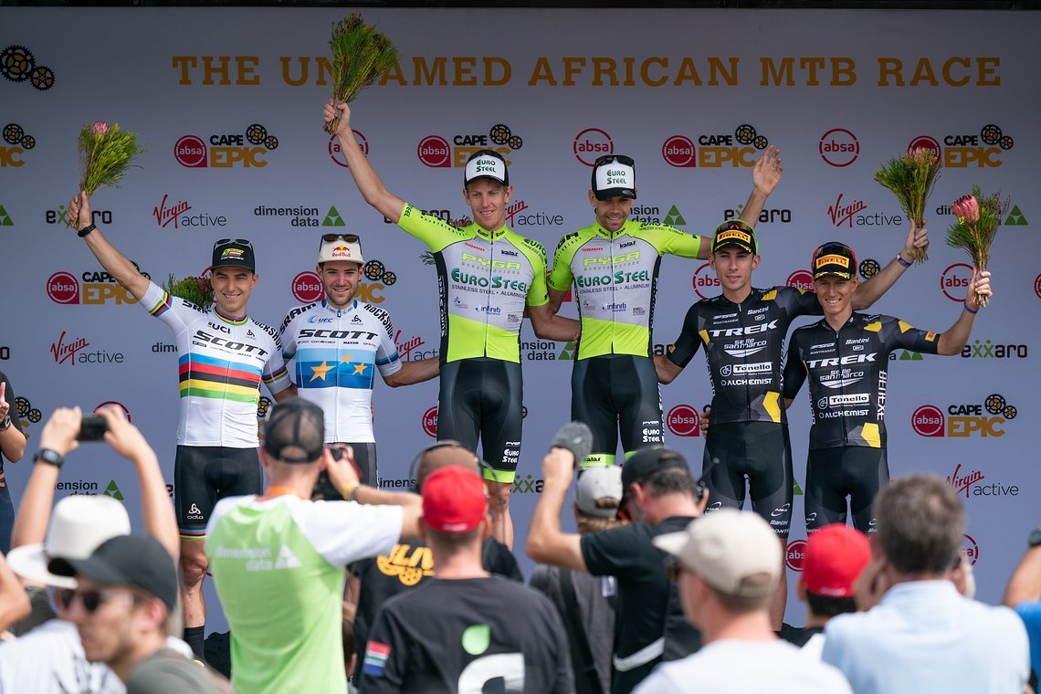 Philip BUYS (RSA) and Matthys BEUKES (RSA) of team PYGA Euro Steel win stage 5 of the 2019 Absa Cape Epic Mountain Bike stage race held from Oak Valley Estate in Elgin to the University of Stellenbosch Sports Fields in Stellenbosch, South Africa on t