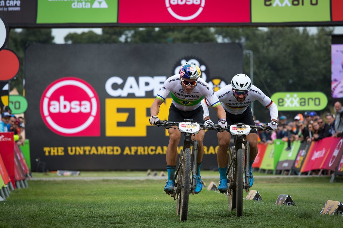 Manuel Fumic & Henrique Avancini - Cannondale Factory Racing during the Prologue of the 2019 Absa Cape Epic Mountain Bike stage race held at the University of Cape Town in Cape Town, South Africa on the 17th March 2019.

Photo by Dwayne Senior/Cape