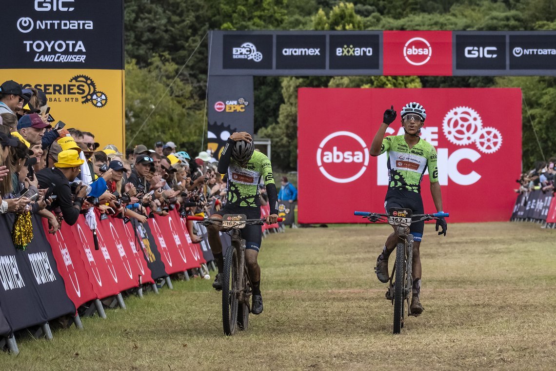 Ziandro Jordaan and Damon Terblanche win the Exxaro overall during Stage 7 of the 2025 Absa Cape Epic Mountain Bike stage race held at Lourensford Wine Estate, Somerset West, Cape Town, South Africa on the 23rd March 2025. Photo by Dom Barnardt/Cape 