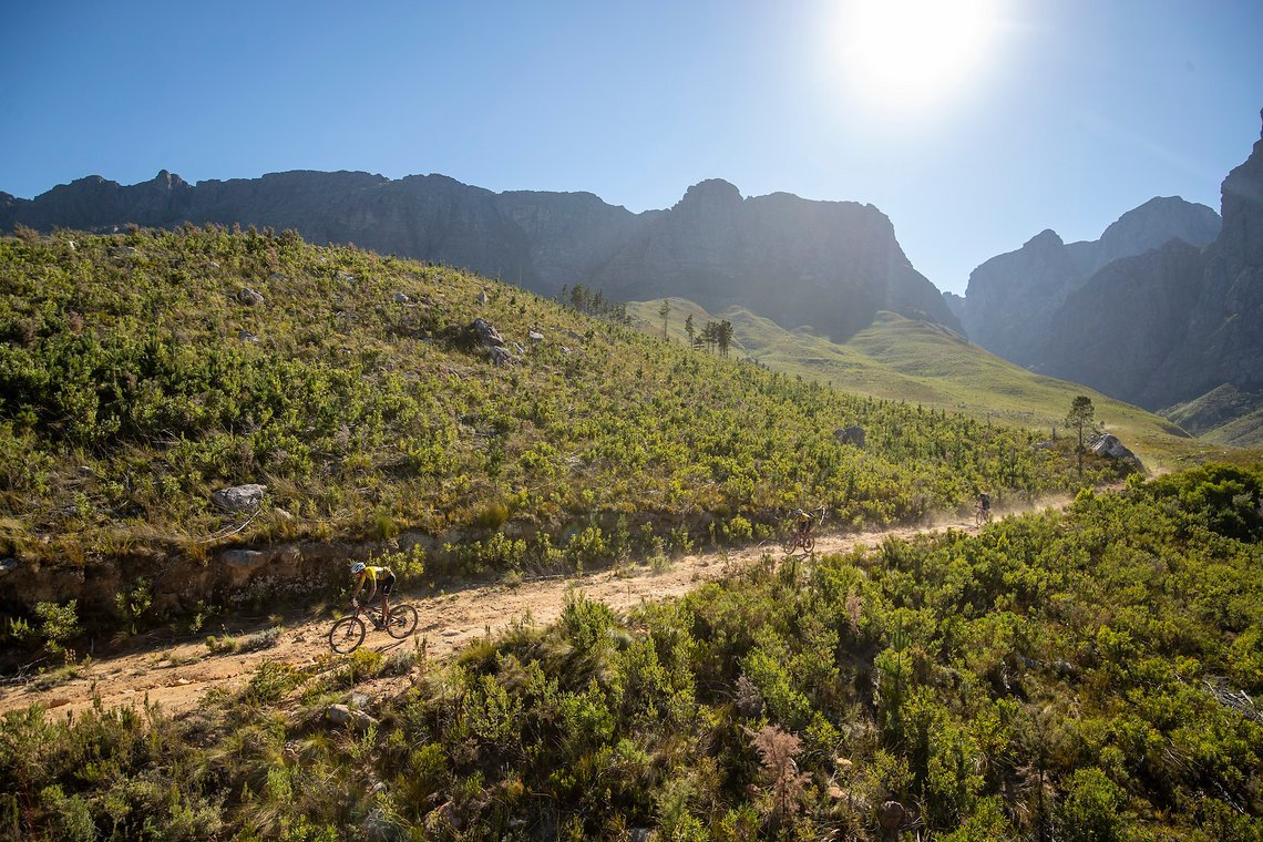 Chripther Blevins and Matt Beers of Toyota-NinetyOne-Specialized during stage 1 of the 2022 Absa Cape Epic Mountain Bike stage race from Lourensford Wine Estate to Lourensford Wine Estate, South Africa on the 21st March 2022. Photo by Gary Perkin