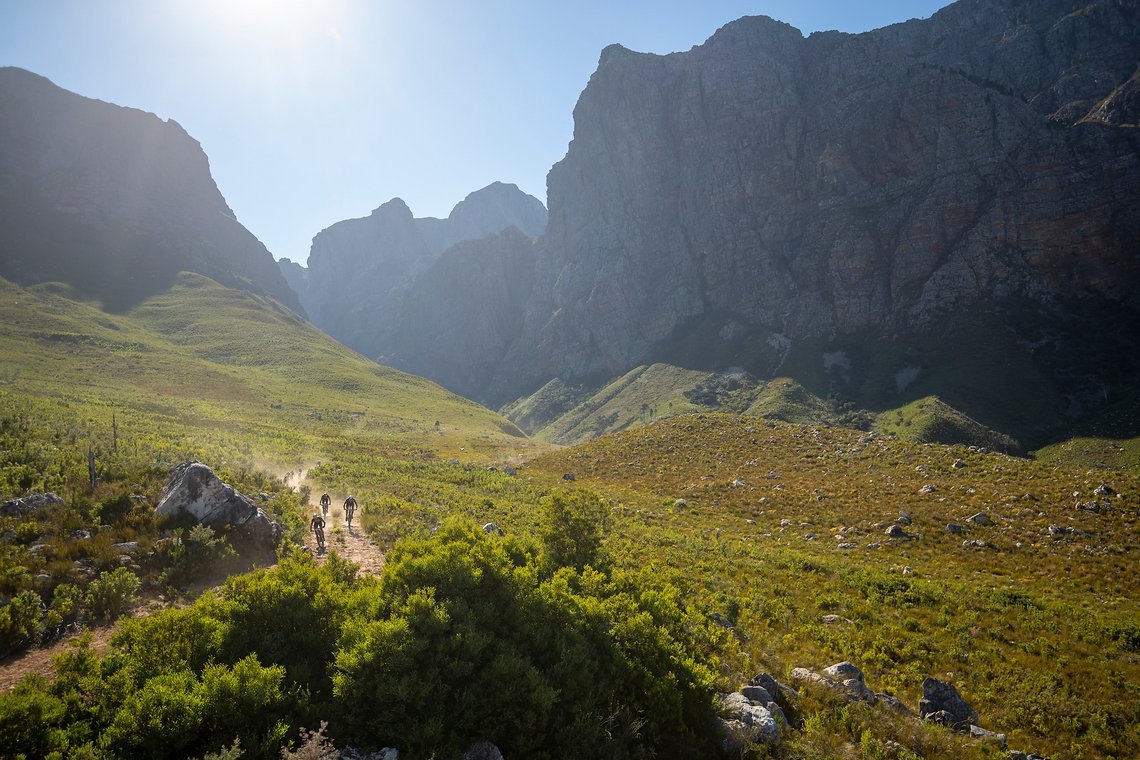 Riders during stage 1 of the 2022 Absa Cape Epic Mountain Bike stage race from Lourensford Wine Estate to Lourensford Wine Estate, South Africa on the 21st March 2022. Photo by Gary Perkin