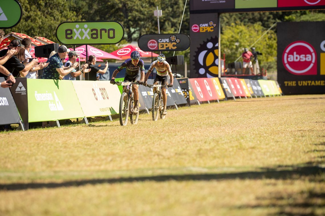Martin Stošek and Andreas Seewald of Canyon Northface MTB win the stage and take the overall lead during stage 1 of the 2022 Absa Cape Epic Mountain Bike stage race from Lourensford Wine Estate to Lourensford Wine Estate, South Africa on the 21st Mar