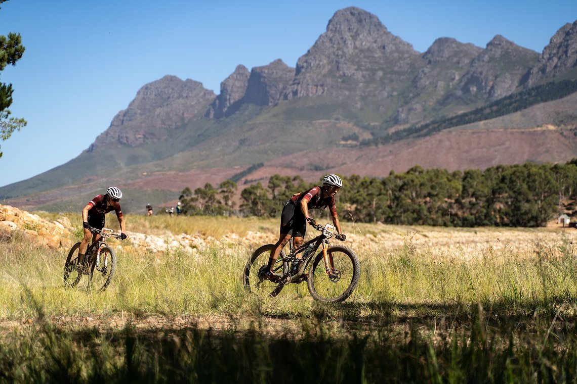 Sofia Gomez Villafane and Haley Batten of team NinetyOne-Songo-Specialized during stage 1 of the 2022 Absa Cape Epic Mountain Bike stage race from Lourensford Wine Estate to Lourensford Wine Estate, South Africa on the 21st March 2022.
