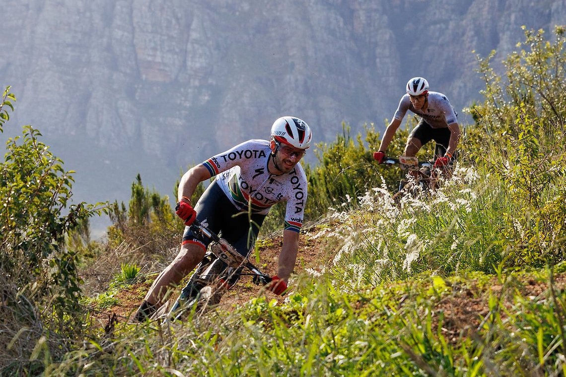 Matt Beers and Christopher Blevins during stage 7 of the 2023 Absa Cape Epic Mountain Bike stage race from Lourensford Wine Estate to Val da Vie  Estate, Paarl, South Africa on the 26th March 2023. Photo by Nick Muzik/Cape Epic
PLEASE ENSURE THE APPR