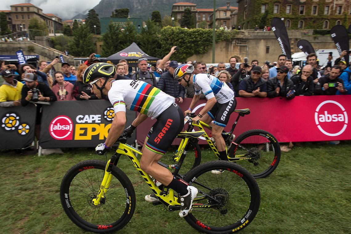 Nino Schurter & Andri Frischknecht of Scott-SRAM MTB-Racing during the Prologue of the 2019 Absa Cape Epic Mountain Bike stage race held at the University of Cape Town in Cape Town, South Africa on the 17th March 2019.

Photo by Dwayne Senior/Cape 