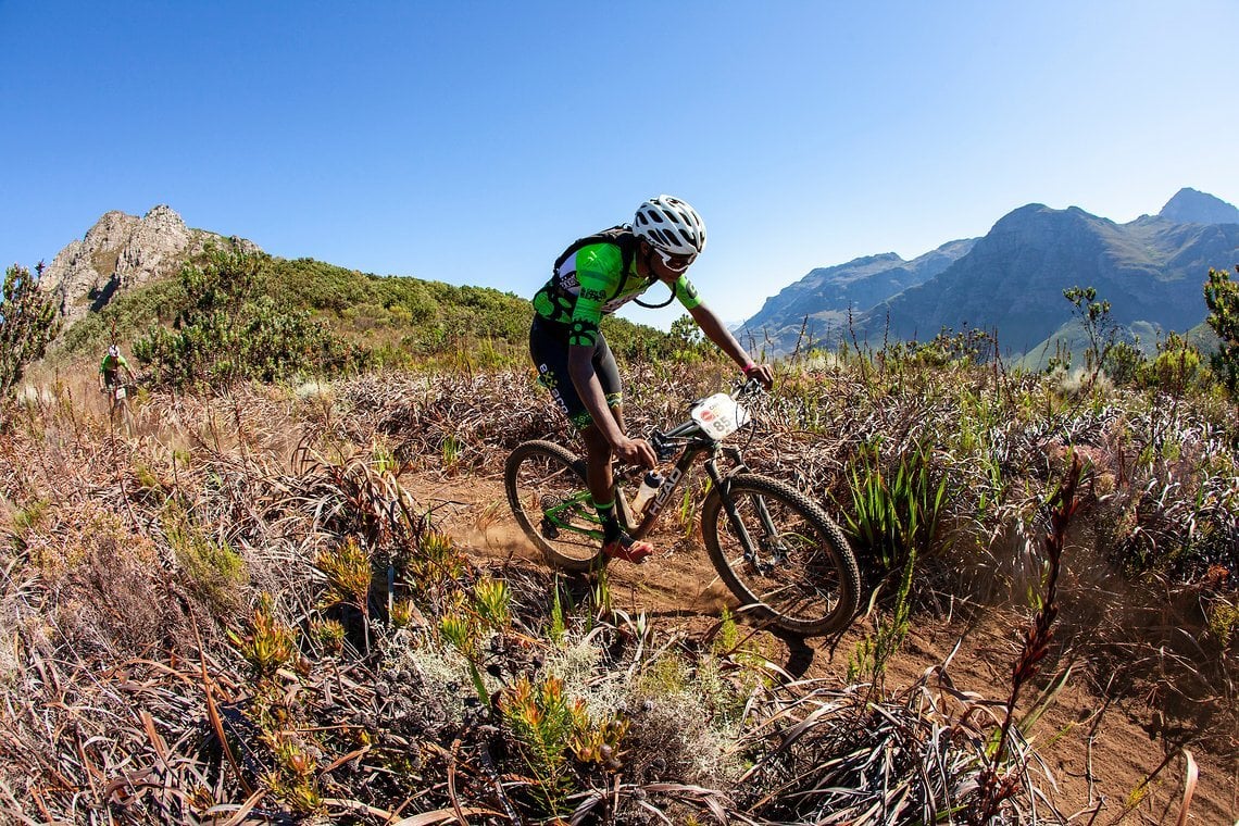 Tlotlo Mohweledi Selala and Halalisani Njabulo Ndebele during stage 1 of the 2022 Absa Cape Epic Mountain Bike stage race from Lourensford Wine
Estate to Lourensford Wine Estate, South Africa on the 21st March 2022. Photo Sam Clark/Cape Epic