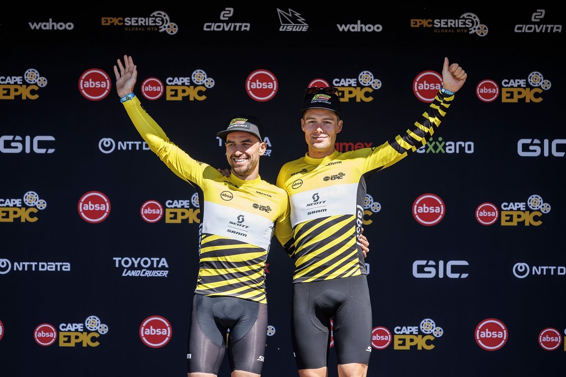 Nino Schurter and Filippo Colombo  win  Stage 1 and take the yellow Leaders Jersey during Stage 1 of the 2025 Absa Cape Epic Mountain Bike stage race held at Meerendal Wine Estate, Cape Town, South Africa on the 17th March 2025. Photo by Nick Muzik/C