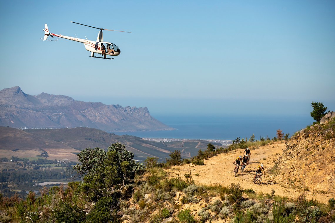 Christopher Blevins & Matt Beers of Toyota-NinetyOne-Specialized and Maxime Marotte and Keegan Swenson of Santa Cruz during stage 1 of the 2022 Absa Cape Epic Mountain Bike stage race from Lourensford Wine Estate to Lourensford Wine Estate, South Afr