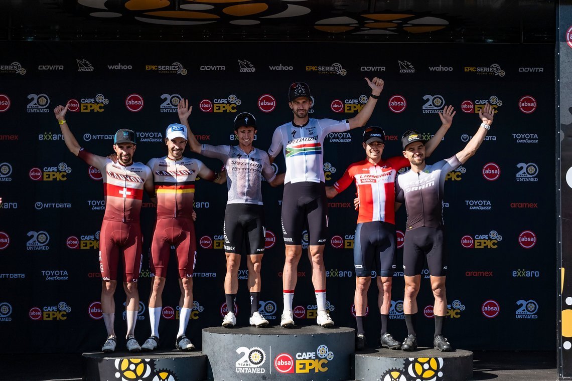Elite men winners during Stage 5 of the 2024 Absa Cape Epic Mountain Bike stage race from CPUT, Wellington to CPUT, Wellington, South Africa on 22 March 2024. Photo by Dom Barnardt /Cape Epic
PLEASE ENSURE THE APPROPRIATE CREDIT IS GIVEN TO THE PHOTO