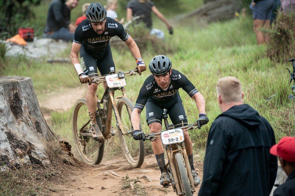 Jose HERMIDA (ESP) and Joaquim RODRIGUEZ (ESP) of team Merida Factory Racing during the Prologue of the 2019 Absa Cape Epic Mountain Bike stage race held at the University of Cape Town in Cape Town, South Africa on the 17th March 2019.

Photo by Gr