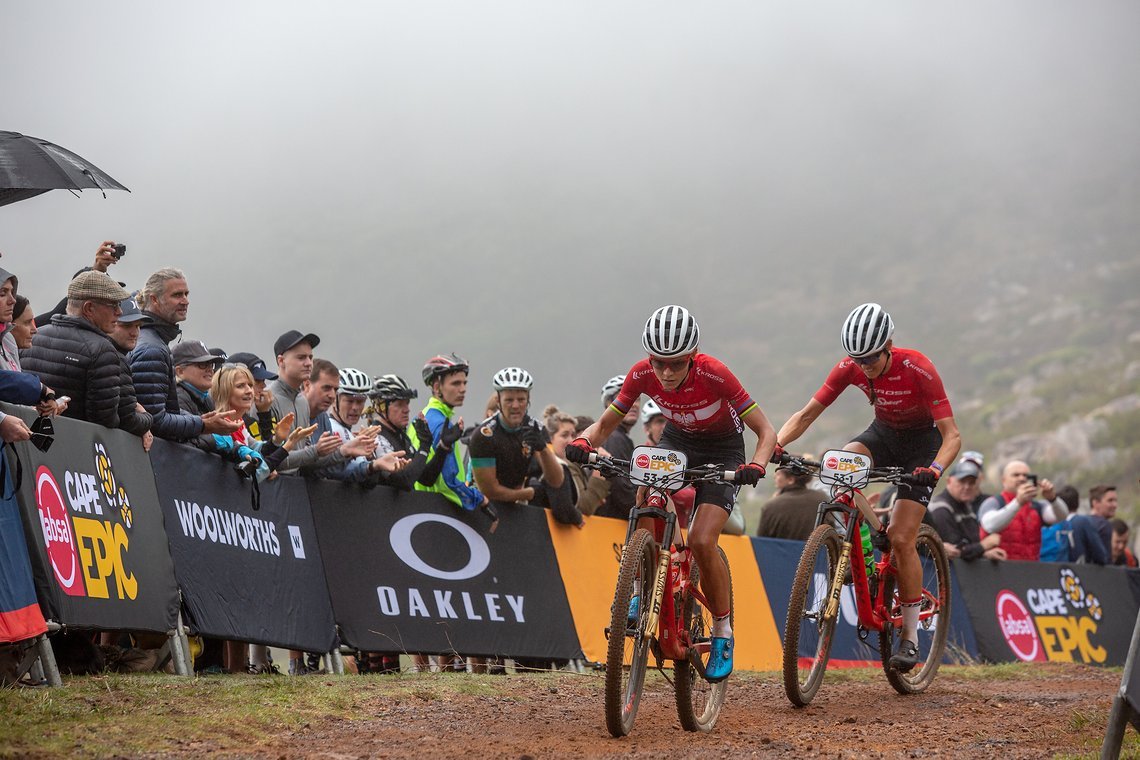 Maha Wloszczowska (L) and Ariane Luthi (R) during the Prologue of the 2019 Absa Cape Epic Mountain Bike stage race held at the University of Cape Town in Cape Town, South Africa on the 17th March 2019.

Photo by Sam Clark/Cape Epic

PLEASE ENSURE