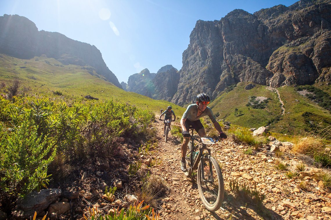 Dawid De Bruin and Shaun Sale during stage 1 of the 2022 Absa Cape Epic Mountain Bike stage race from Lourensford Wine
Estate to Lourensford Wine Estate, South Africa on the 21st March 2022. Photo Sam Clark/Cape Epic