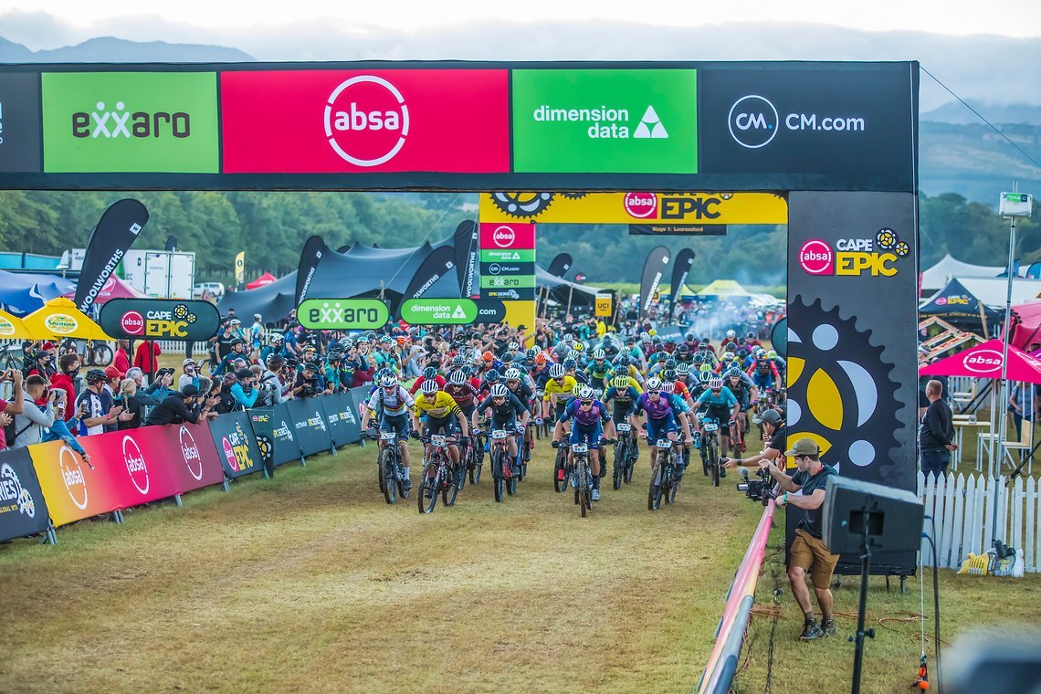 The Elite men head off during stage 1 of the 2022 Absa Cape Epic Mountain Bike stage race from Lourensford Wine Estate to Lourensford Wine Estate, South Africa on the 21st March 2022. © Dom Barnardt / Cape Epic