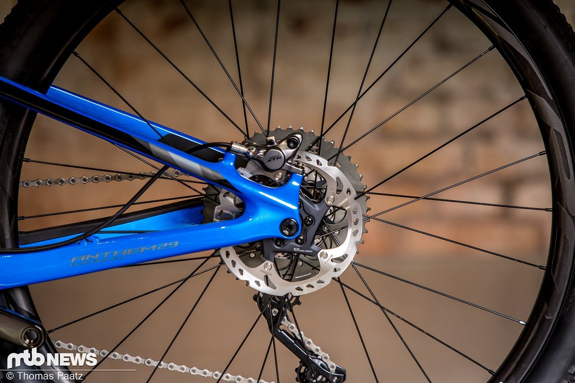 Shimano XTR-Bremsen bringen das Anthem wieder zum Stehen.
