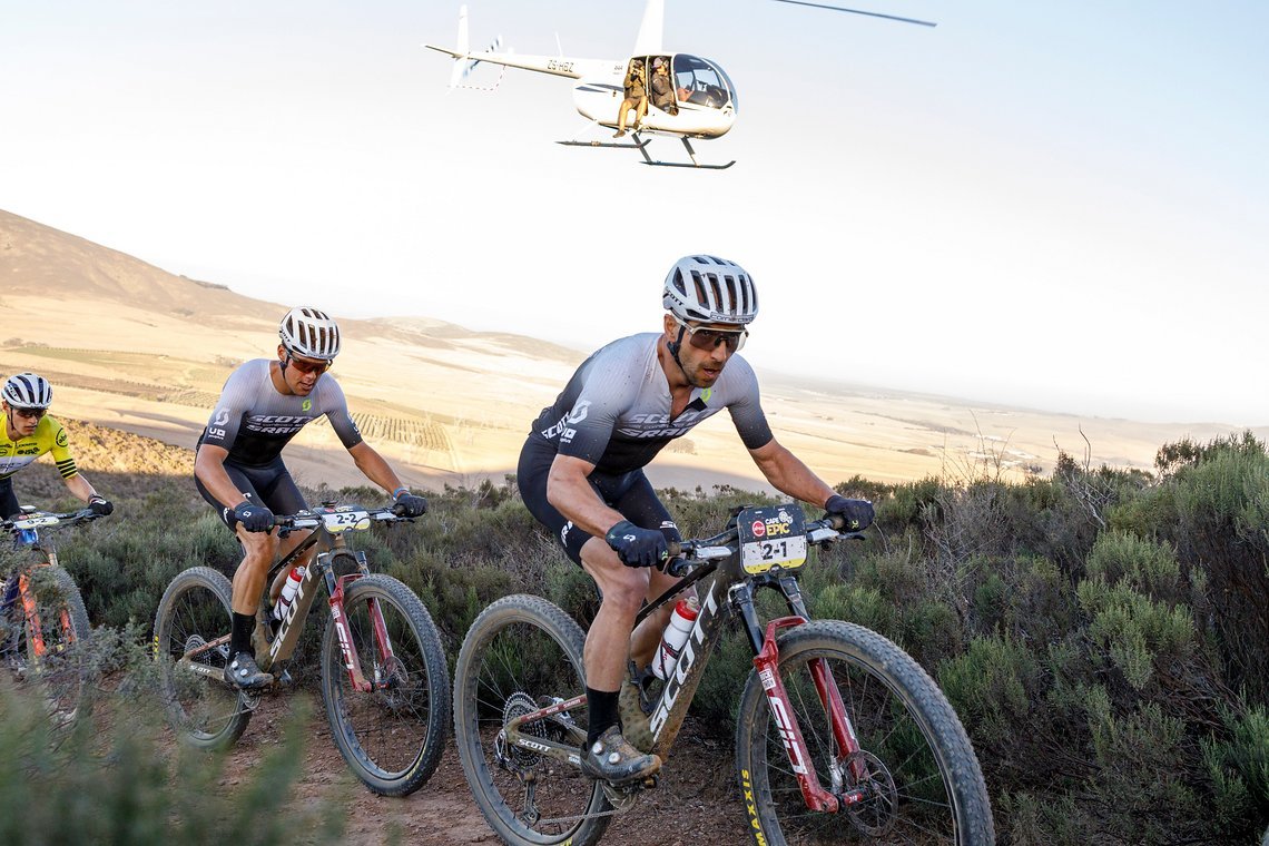 during Stage 1 of the 2025 Absa Cape Epic Mountain Bike stage race held at Meerendal Wine Estate, Cape Town, South Africa on the 17th March 2025. Photo by Nick Muzik/Cape Epic
PLEASE ENSURE THE APPROPRIATE CREDIT IS GIVEN TO THE PHOTOGRAPHER AND ABSA