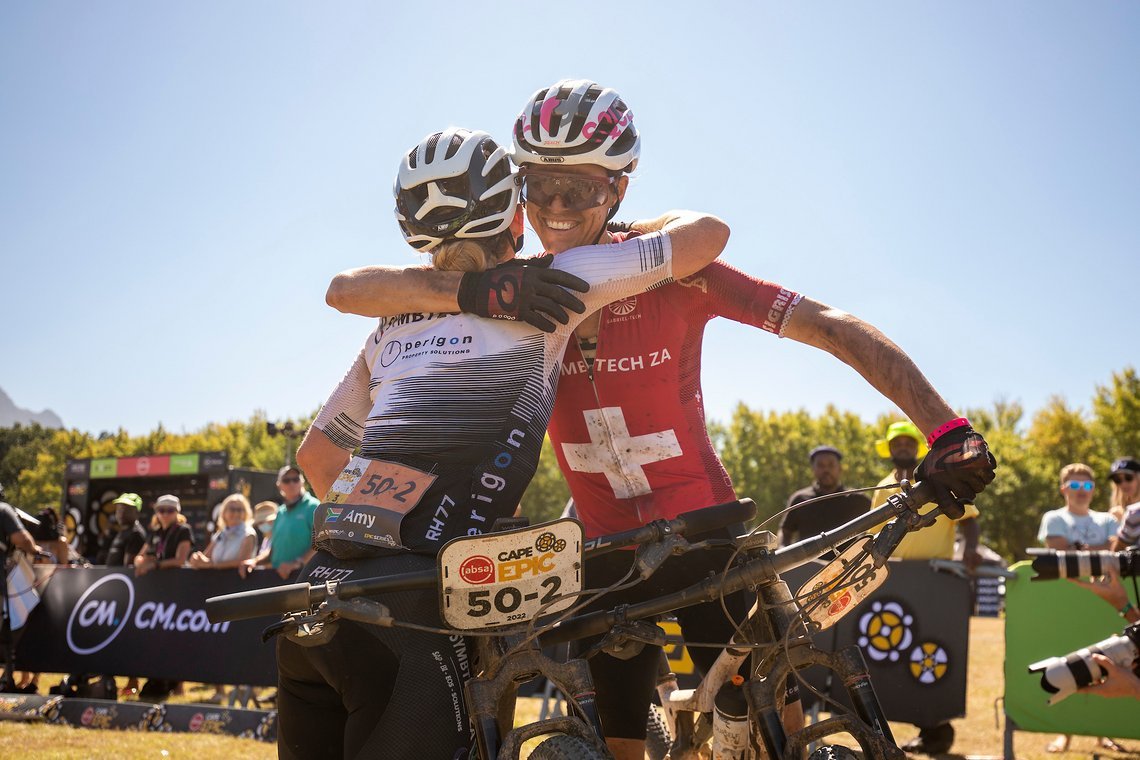Amy Wakefield and Ariane Luthi of Symbtech ZA take 2nd place during stage 1 of the 2022 Absa Cape Epic Mountain Bike stage race from Lourensford Wine Estate to Lourensford Wine Estate, South Africa on the 21st March 2022. Photo by Gary Perkin