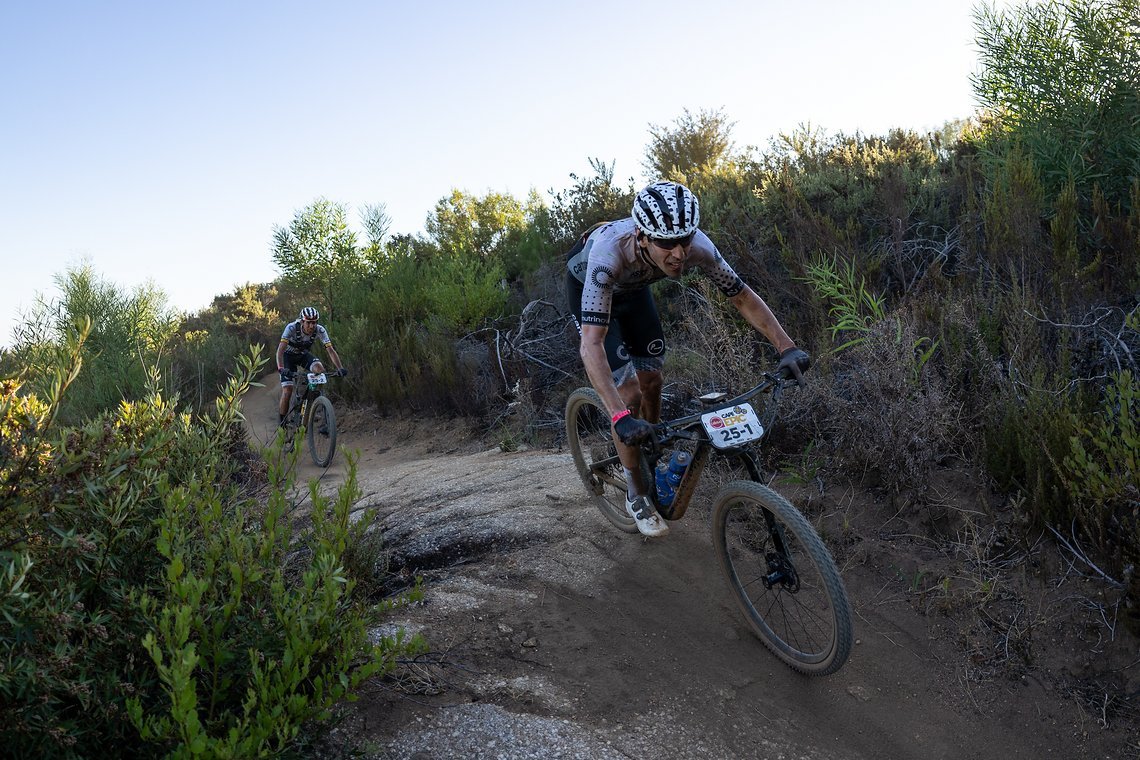 Alberto Losada and Roberto Bou Martin of team Cannondale TB-Protour during stage 1 of the 2022 Absa Cape Epic Mountain Bike stage race from Lourensford Wine Estate to Lourensford Wine Estate, South Africa on the 21st March 2022.
