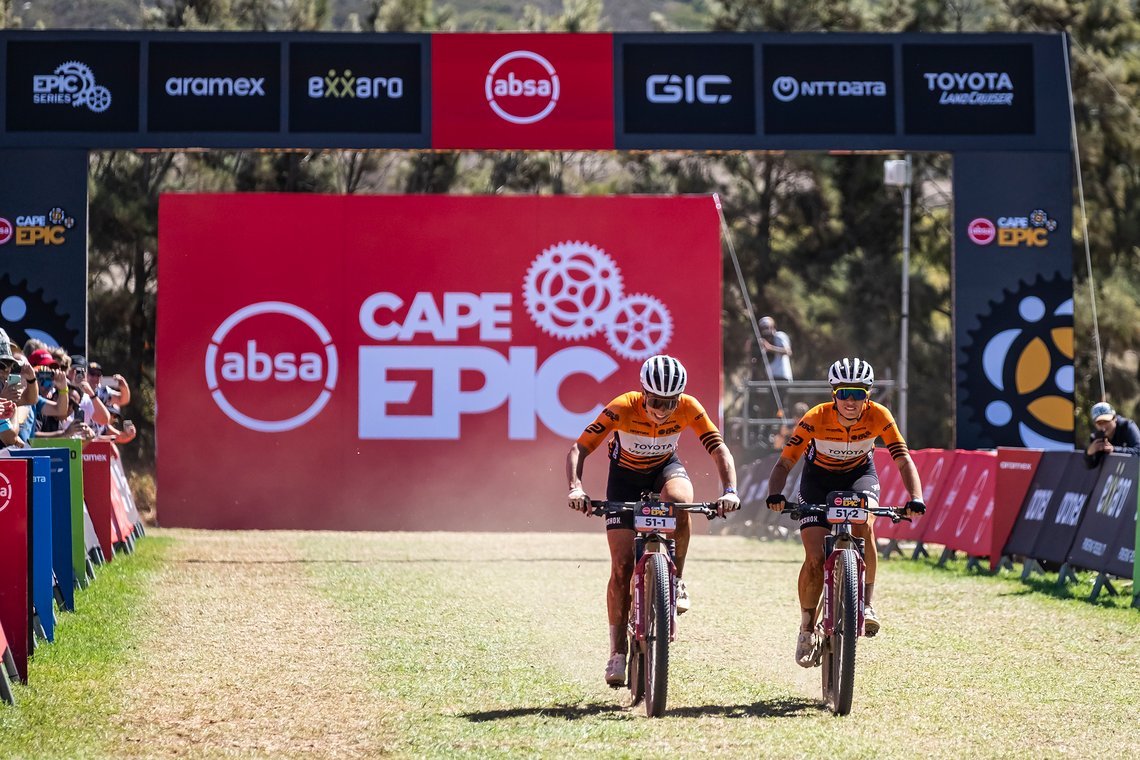 Annika Langvad and Sofia Villifane take the win during Stage 1 of the 2025 Absa Cape Epic Mountain Bike stage race held at Meerendal Wine Estate, Cape Town, South Africa on the 17th March 2025. Photo by Dom Barnardt/Cape Epic
PLEASE ENSURE THE APPROP