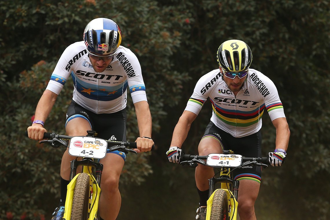 Andri Frischknecht and Nino Schurter of Scott-SRAM MTB-Racing during the Prologue of the 2019 Absa Cape Epic Mountain Bike stage race held at the University of Cape Town in Cape Town, South Africa on the 17th March 2019.

Photo by Shaun Roy/Cape Ep