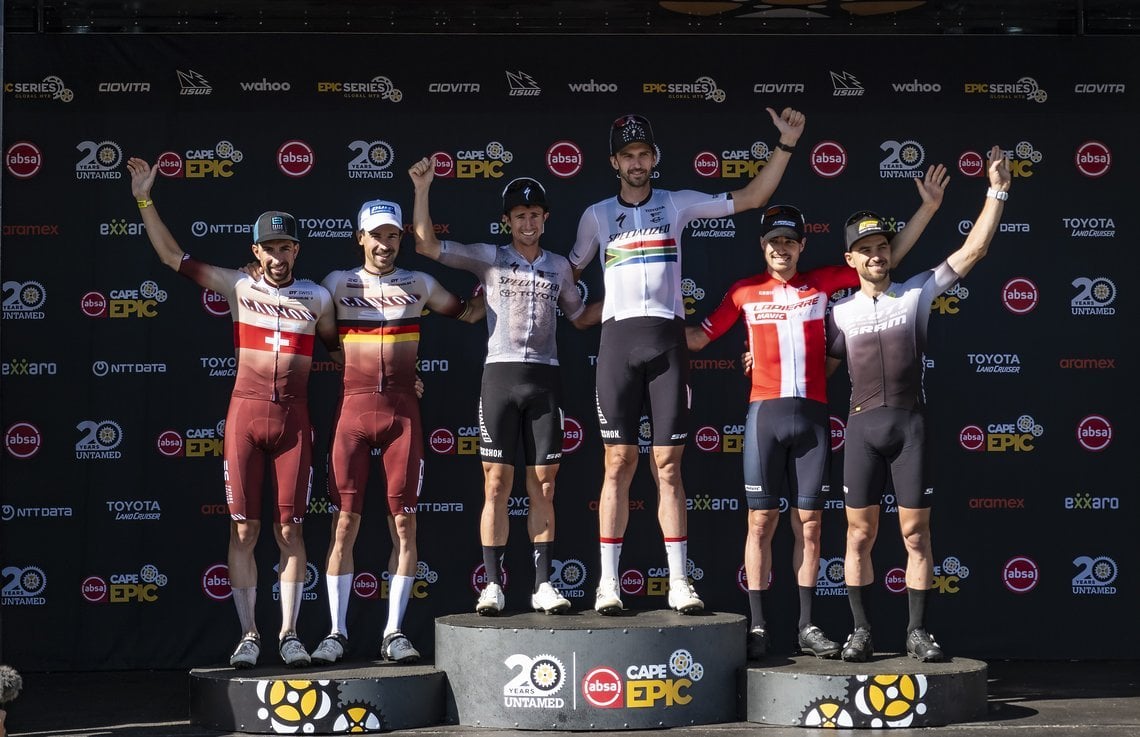 Mens podium during Stage 5 of the 2024 Absa Cape Epic Mountain Bike stage race from CPUT, Wellington to CPUT, Wellington, South Africa on 22 March 2024. Photo by Dom Barnardt /Cape Epic
PLEASE ENSURE THE APPROPRIATE CREDIT IS GIVEN TO THE PHOTOGRAPHE