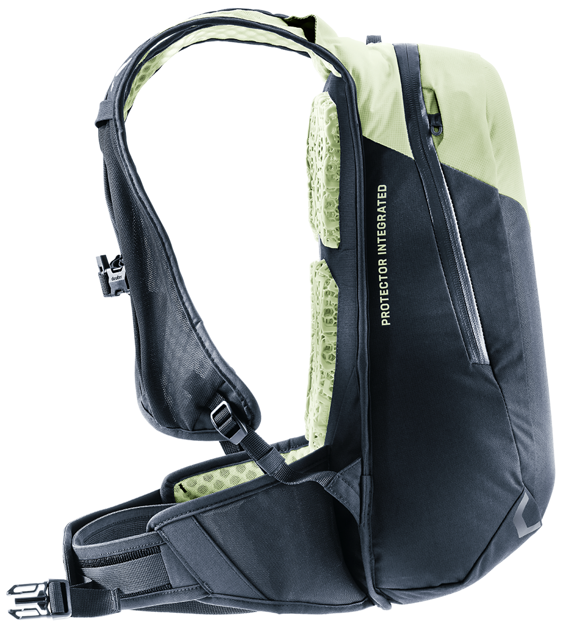 Der Rucksack wurde mit einer gepolsterten Smartphone-Tasche, Fullface-tauglicher Helmhalterung, Signalpfeife und Brillenfixierung ausgestattet.