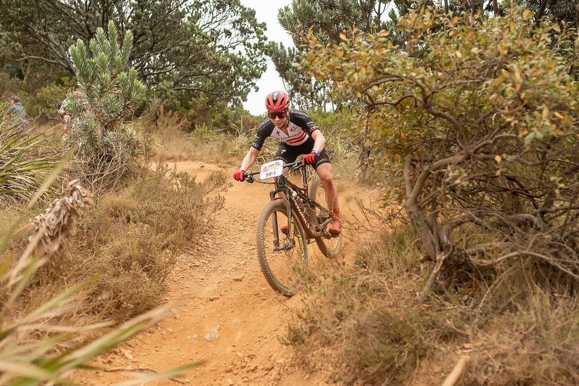 Annika Langvad from Team Investec-Songa-Secialized decending Plum Pudding during the Prologue of the 2019 Absa Cape Epic Mountain Bike stage race held at the University of Cape Town in Cape Town, South Africa on the 17th March 2019.

Photo by Xavie
