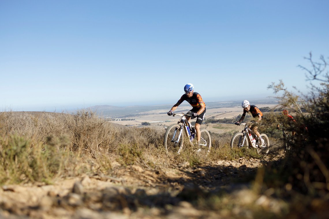 during Stage 1 of the 2025 Absa Cape Epic Mountain Bike stage race held at Meerendal Wine Estate, Cape Town, South Africa on the 17th March 2025. Photo by Nick Muzik/Cape Epic
PLEASE ENSURE THE APPROPRIATE CREDIT IS GIVEN TO THE PHOTOGRAPHER AND ABSA