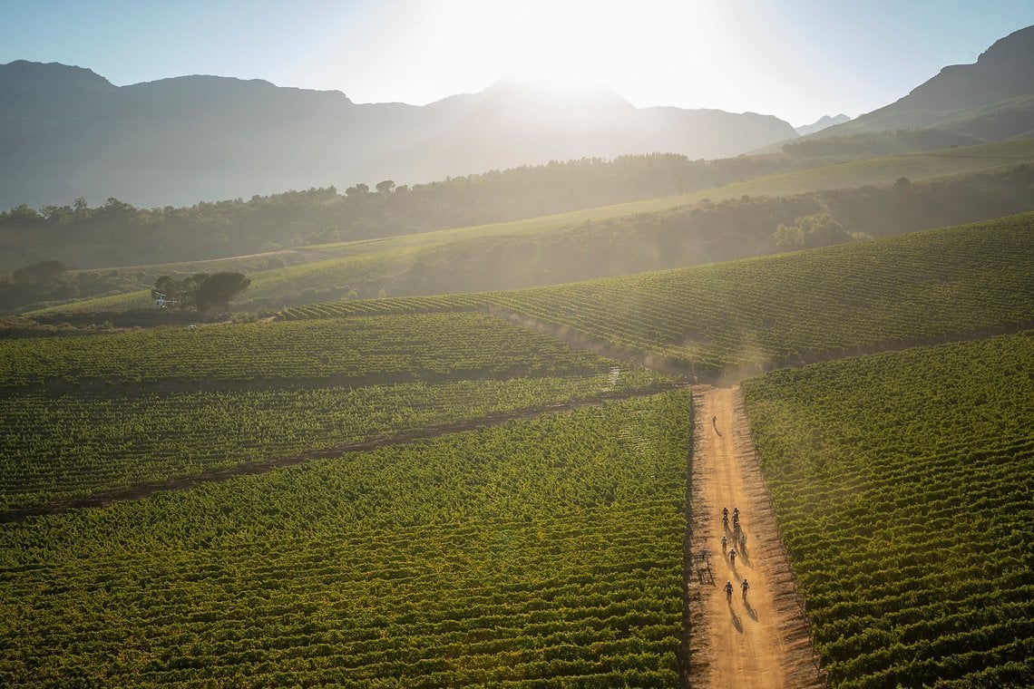 Riders during stage 1 of the 2022 Absa Cape Epic Mountain Bike stage race from Lourensford Wine Estate to Lourensford Wine Estate, South Africa on the 21st March 2022. Photo by Gary Perkin