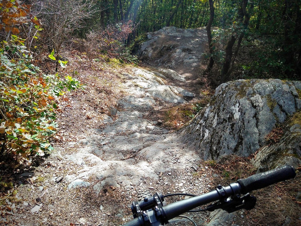 ... doch mit abgesenkter Sattelstütze stellen auch ruppige Trails kein Problem dar