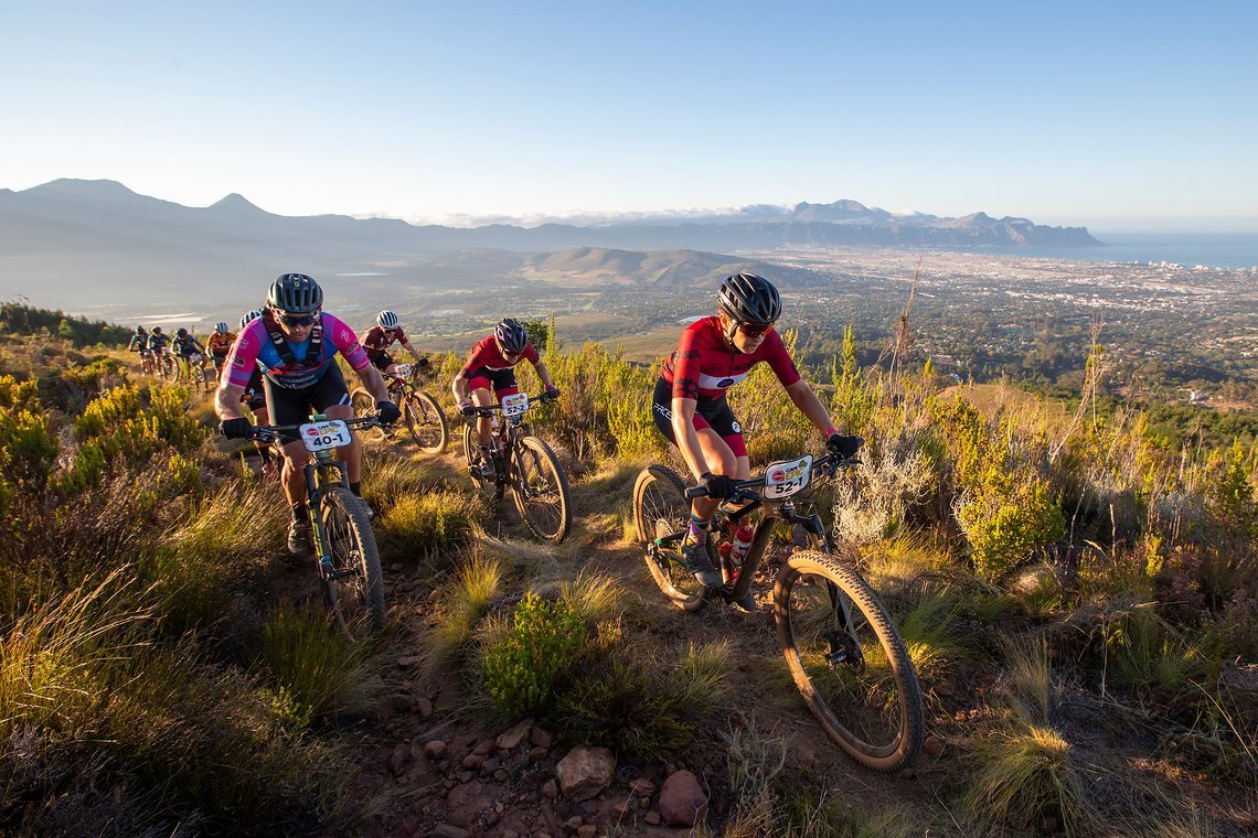 Candice Lill and Mariske Strauss during stage 1 of the 2022 Absa Cape Epic Mountain Bike stage race from Lourensford Wine
Estate to Lourensford Wine Estate, South Africa on the 21st March 2022. Photo Sam Clark/Cape Epic