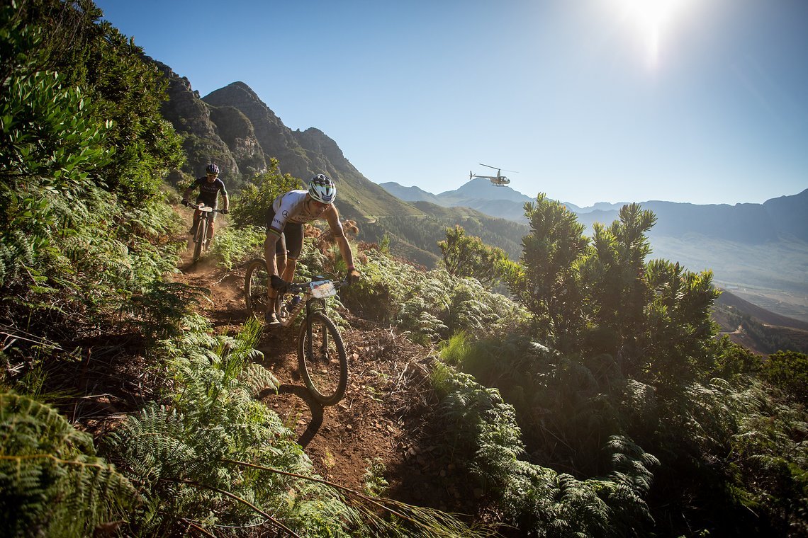 Andreas Seewald and Martin Stošek of Canyon Northwave MTB during stage 1 of the 2022 Absa Cape Epic Mountain Bike stage race from Lourensford Wine Estate to Lourensford Wine Estate, South Africa on the 21st March 2022. Photo by Nick Muzik/Cape Epic
P