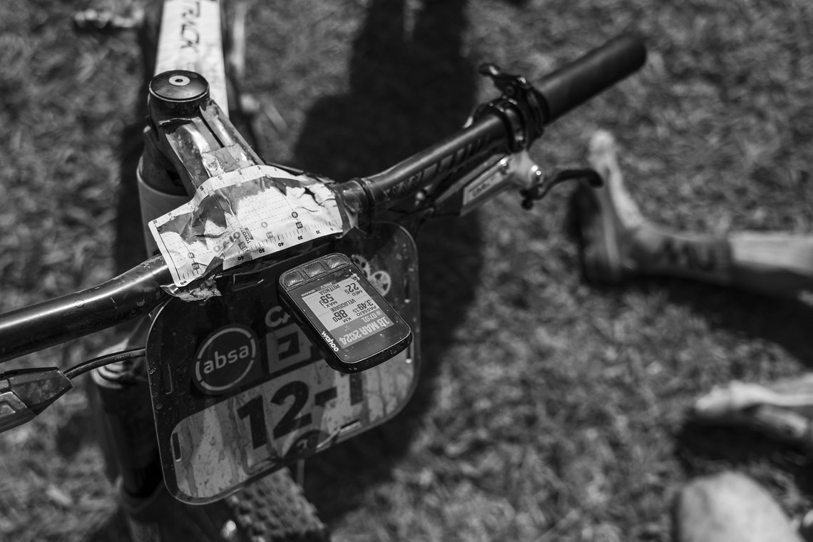 Jose Dias bike with elevation notes and gps during Stage 1 of the 2024 Absa Cape Epic Mountain Bike stage race from Saronsberg Wine Estate to Saronsberg Wine Estate, Tulbagh, South Africa on the 18th March 2024. Photo by Dominic Barnardt / Cape Epic
