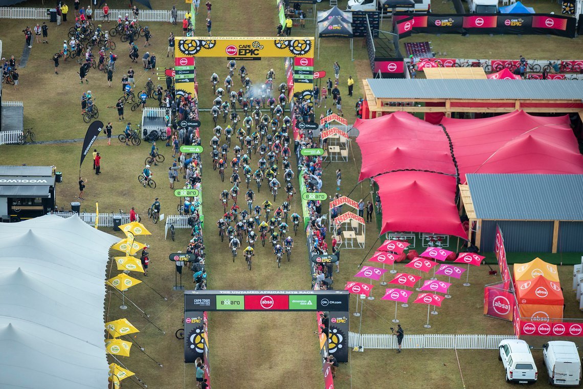 The mens field starts during stage 1 of the 2022 Absa Cape Epic Mountain Bike stage race from Lourensford Wine Estate to Lourensford Wine Estate, South Africa on the 21st March 2022. Photo by Gary Perkin