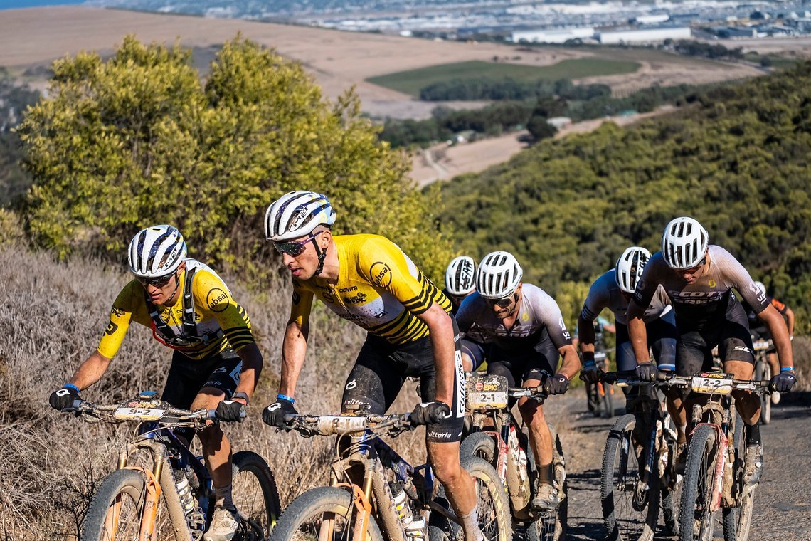 Simone Avondetto and Luca Braidot with Nino Schurter and Filippo Colombo during Stage 1 of the 2025 Absa Cape Epic Mountain Bike stage race held at Meerendal Wine Estate, Cape Town, South Africa on the 17th March 2025. Photo by Dom Barnardt/Cape Epic
